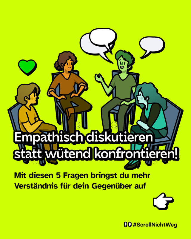 Illustration von vier Personen, die im Kreis auf Stühlen sitzen und sprechen; Sprechblasen über den Köpfen, links ein Herzsymbol. Text im Bild: „Empathisch diskutieren statt wütend konfrontieren! Mit diesen 5 Fragen bringst du mehr Verständnis für dein Gegenüber auf“.
