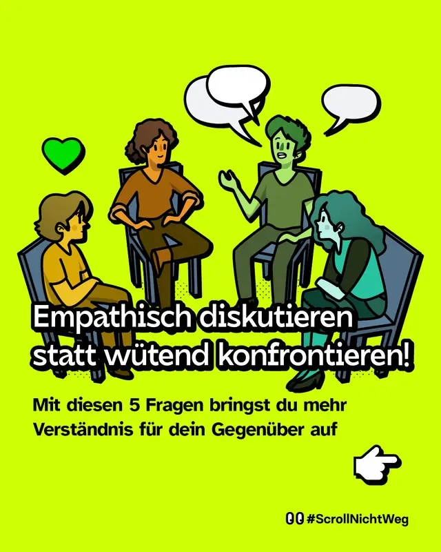 Illustration von vier Personen, die im Kreis auf Stühlen sitzen und sprechen; Sprechblasen über den Köpfen, links ein Herzsymbol. Text im Bild: „Empathisch diskutieren statt wütend konfrontieren! Mit diesen 5 Fragen bringst du mehr Verständnis für dein Gegenüber auf“.
