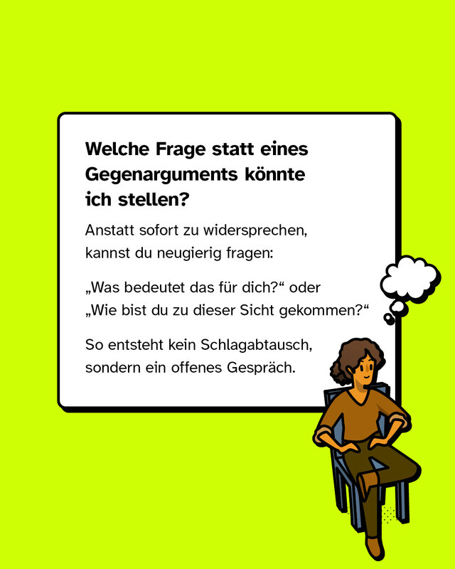 Textkasten: „Welche Frage statt eines Gegenarguments könnte ich stellen?“ Vorschläge: „Was bedeutet das für dich?“ oder „Wie bist du zu dieser Sicht gekommen?“ Hinweis: Fragen öffnen Gespräche statt Schlagabtausch. Rechts eine sitzende Figur mit Gedankenwolke.