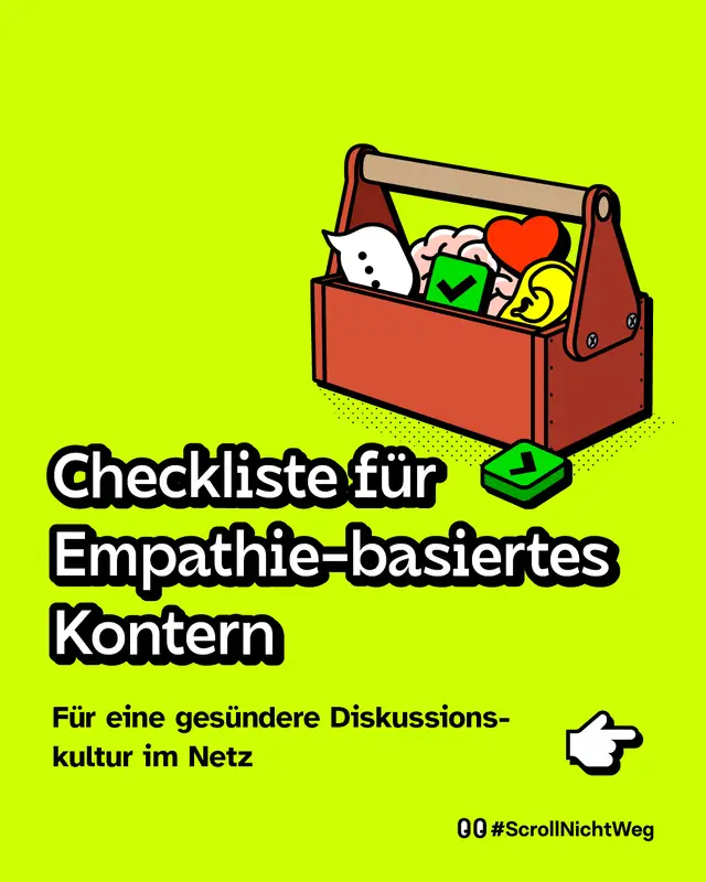 Illustration eines Werkzeugkastens gef&uuml;llt mit Symbolen f&uuml;r Empathie: Herz, Ohr, Gehirn und Sprechblase. Text: &bdquo;Checkliste f&uuml;r Empathie-basiertes Kontern &ndash; F&uuml;r eine ges&uuml;ndere Diskussionskultur im Netz&ldquo;.