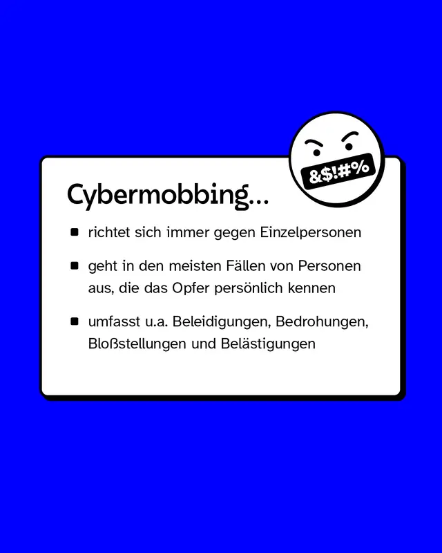 Cybermobbing richtet sich gegen Einzelpersonen, geht in den meisten Fällen von Personen aus, die das Opfer persönlich kennen und umfasst unter anderem Beleidigungen und Bedrohungen.