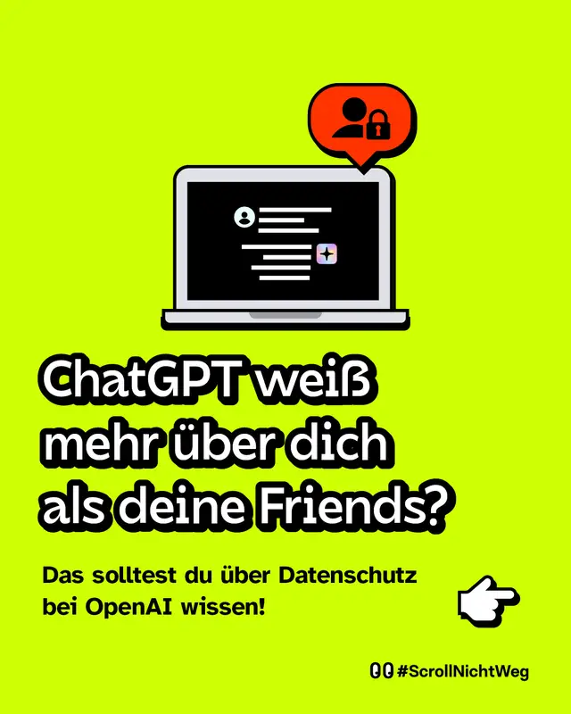 Illustration eines Laptops auf gr&uuml;nem Hintergrund, dar&uuml;ber ein Symbol mit Person und Schloss. Text: &bdquo;ChatGPT wei&szlig; mehr &uuml;ber dich als deine Friends? Das solltest du &uuml;ber Datenschutz bei OpenAI wissen!&ldquo;