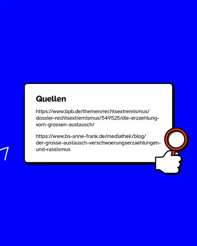 Quellen: https://www.bpb.de/themen/rechtsextremismus/dossier-rechtsextremismus/549525/die-erzaehlung-vom-grossen-austausch/ https://www.bs-anne-frank.de/mediathek/blog/der-grosse-austausch-verschwoerungserzaehlungen-und-rassismus