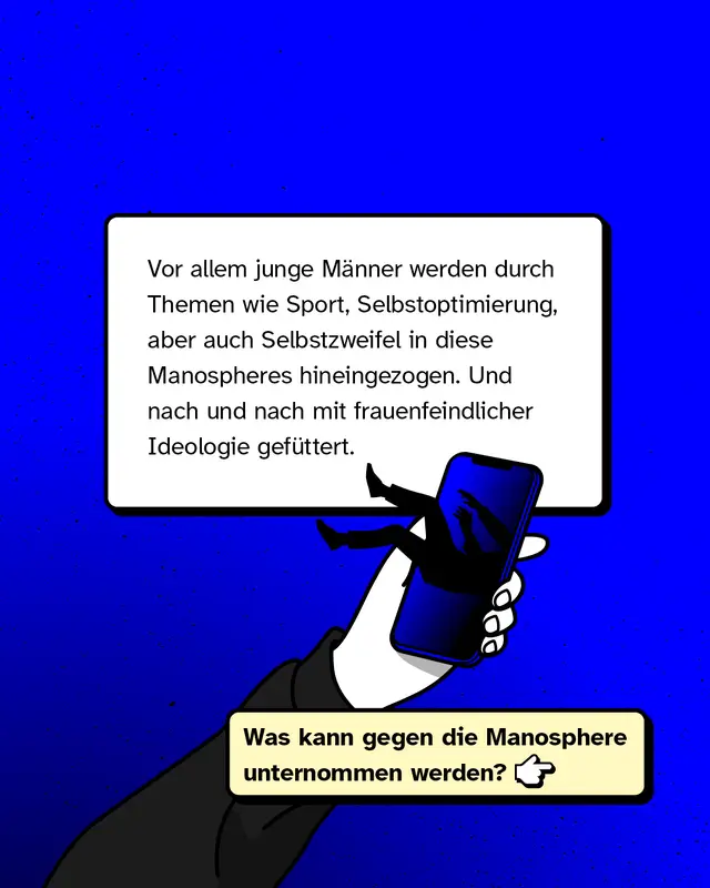 Textkarte erkl&auml;rt, dass vor allem junge M&auml;nner &uuml;ber Themen wie Selbstoptimierung, Sport oder Selbstzweifel in die Manosphere hineingezogen werden und schrittweise radikalisiert werden. Illustration eines Smartphones mit hineingezogener Person.