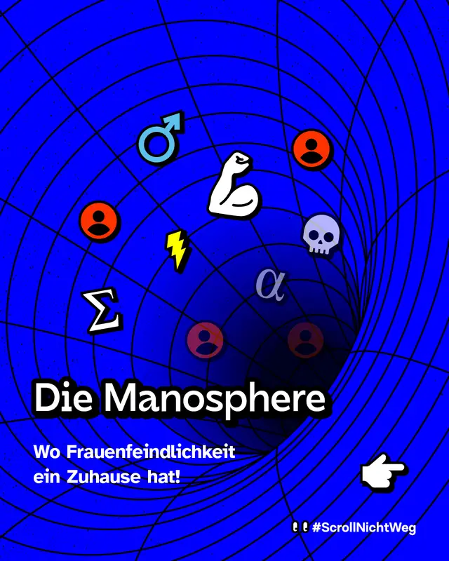 Blauer Hintergrund mit spiralf&ouml;rmigem Tunnel und Symbolen wie Muskelarm, Totenkopf und Geschlechtersymbolen. Titel: &bdquo;Die Manosphere &ndash; Wo Frauenfeindlichkeit ein Zuhause hat!&ldquo;.