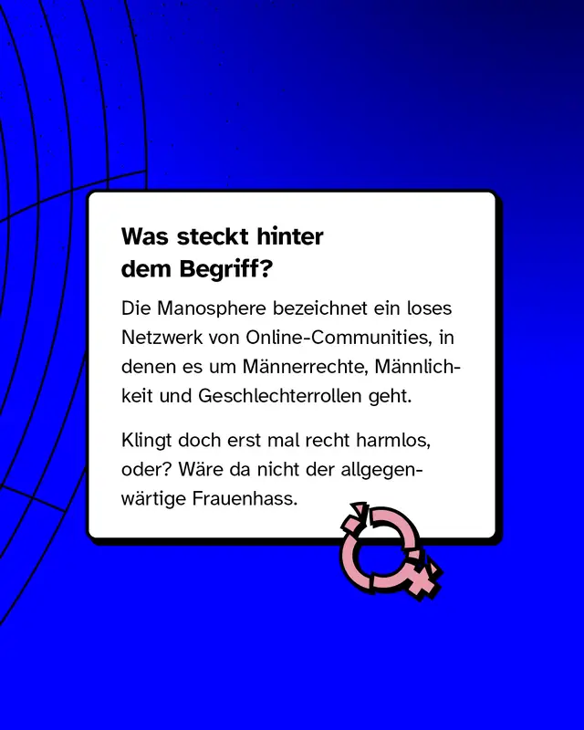 Erkl&auml;rung, dass die &bdquo;Manosphere&ldquo; ein loses Netzwerk von Online-Communities rund um M&auml;nnerrechte, M&auml;nnlichkeit und Geschlechterrollen ist. Hinweis darauf, dass hinter der scheinbar harmlosen Fassade Frauenhass steckt.