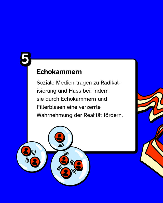 Echokammern: Soziale Medien tragen zu Radikalisierung und Hass bei, indem sie durch Echokammern und Filterblasen eine verzerrte Wahrnehmung der Realität fördern.