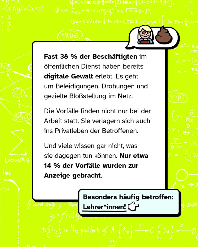 Textkasten auf gruenem Hintergrund mit Formeln. Fast 38 Prozent der Beschaeftigten im oeffentlichen Dienst haben bereits digitale Gewalt erlebt zum Beispiel Beleidigungen Drohungen und gezielte Blossstellung im Netz. Die Vorfaelle verlagern sich auch ins Privatleben. Viele wissen nicht was sie tun koennen. Nur etwa 14 Prozent der Vorfaelle wurden angezeigt. Besonders haeufig betroffen sind Lehrkraefte.