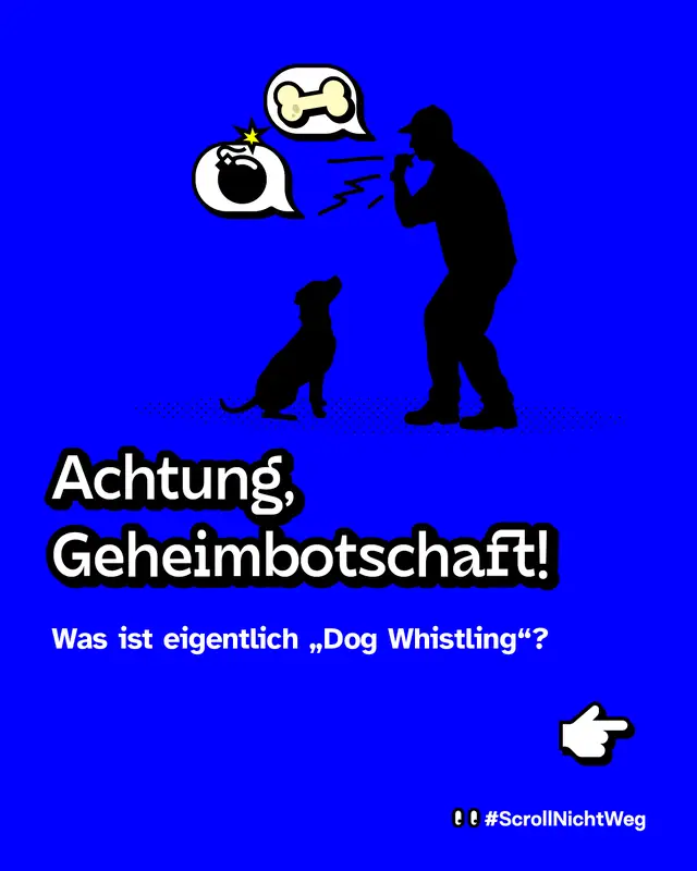 Grafik mit gro&szlig;em Hinweis &bdquo;Achtung, Geheimbotschaft!&ldquo;. Frage: &bdquo;Was ist eigentlich Dog Whistling?&ldquo; &ndash; Der Post f&uuml;hrt in das Thema ein.