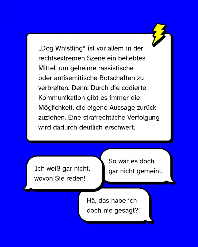 Darstellung von Aussagen wie &bdquo;So war es doch gar nicht gemeint&ldquo; und &bdquo;Ich wei&szlig; gar nicht, wovon Sie reden!&ldquo;. Verdeutlichung: Rechtsextreme nutzen &bdquo;Dog Whistling&ldquo;, um rassistische oder antisemitische Inhalte zu verschleiern und sich bei Kritik herauszureden.