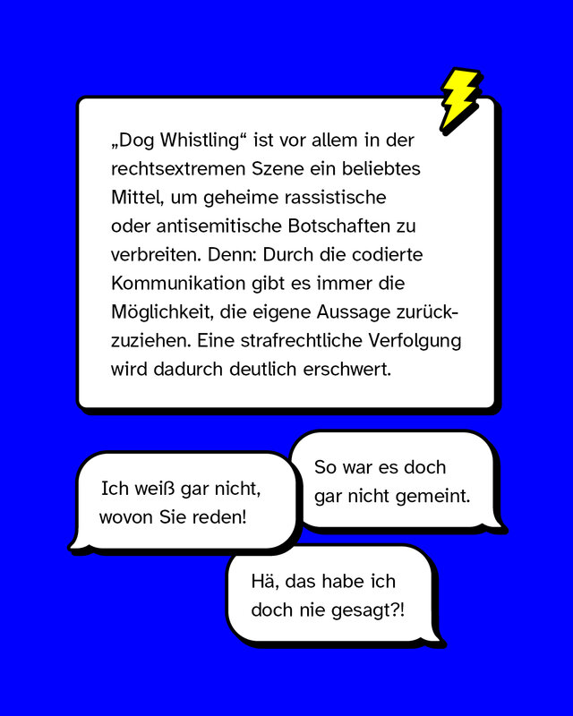 Darstellung von Aussagen wie „So war es doch gar nicht gemeint“ und „Ich weiß gar nicht, wovon Sie reden!“. Verdeutlichung: Rechtsextreme nutzen „Dog Whistling“, um rassistische oder antisemitische Inhalte zu verschleiern und sich bei Kritik herauszureden.