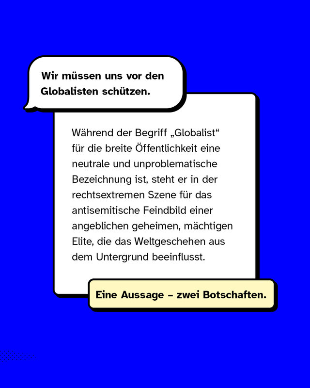 Beispielgrafik mit Text: „Wir müssen uns vor den Globalisten schützen.“ Erklärung: Der Begriff wirkt für die Allgemeinheit neutral, ist aber in rechtsextremen Kreisen antisemitisch codiert. Verdeutlicht die doppelte Bedeutung solcher Botschaften.