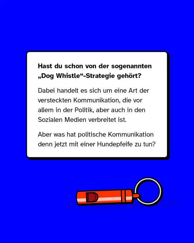 Einleitungsgrafik: Erkl&auml;rung, dass &bdquo;Dog Whistling&ldquo; eine Form versteckter Kommunikation in Politik und sozialen Medien ist. Verbindung zur Hundepfeife wird angedeutet.