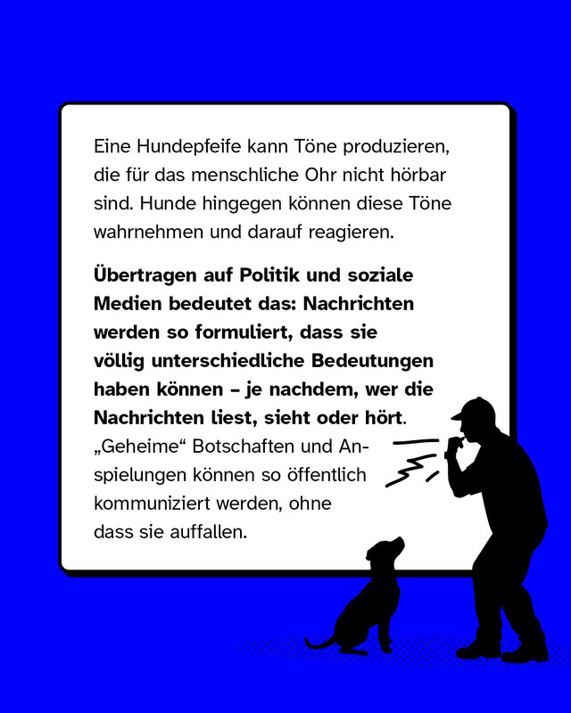 Illustration einer Hundepfeife als Vergleich: Hunde hören Töne, die Menschen nicht hören können. Übertragen bedeutet das, dass Botschaften in Politik und Medien für verschiedene Gruppen unterschiedlich lesbar sind – offen für alle, aber mit versteckter Bedeutung für Eingeweihte.