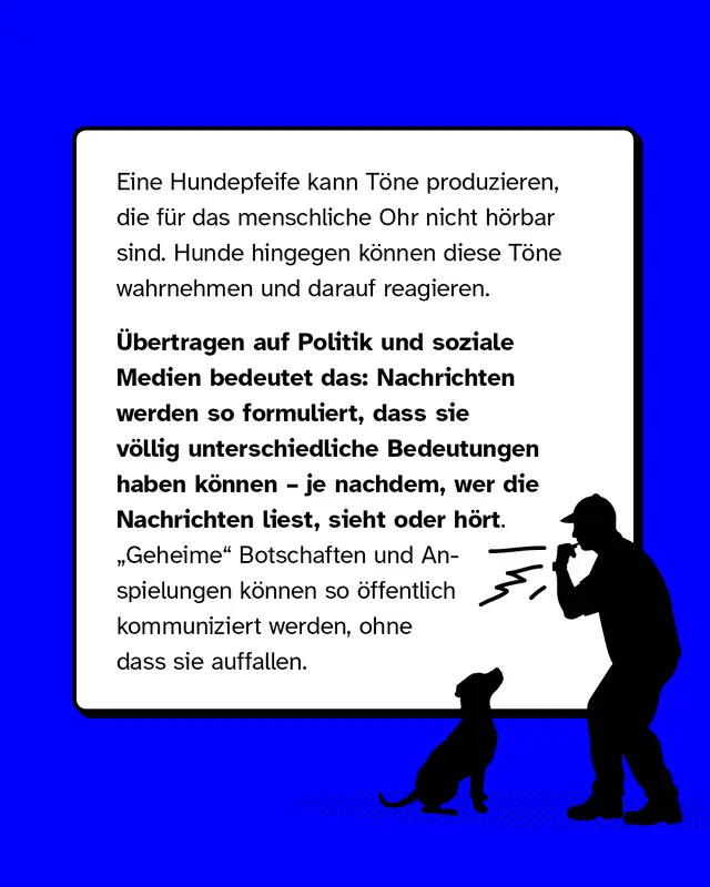 Illustration einer Hundepfeife als Vergleich: Hunde hören Töne, die Menschen nicht hören können. Übertragen bedeutet das, dass Botschaften in Politik und Medien für verschiedene Gruppen unterschiedlich lesbar sind – offen für alle, aber mit versteckter Bedeutung für Eingeweihte.