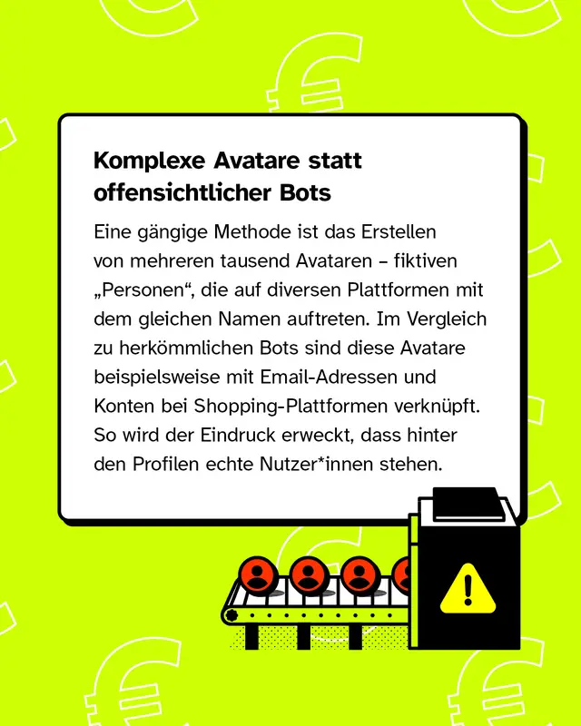 Komplexe Avatare statt offensichtlicher Bots   Eine gängige Methode ist das Erstellen von mehreren tausend Avataren – fiktiven „Personen“, die auf diversen Plattformen mit dem gleichen Namen auftreten. Im Vergleich zu herkömmlichen Bots sind diese Avatare beispielsweise mit Email-Adressen und Konten bei Shopping-Plattformen verknüpft. So wird der Eindruck erweckt, dass hinter den Profilen echte Nutzer*innen stehen.