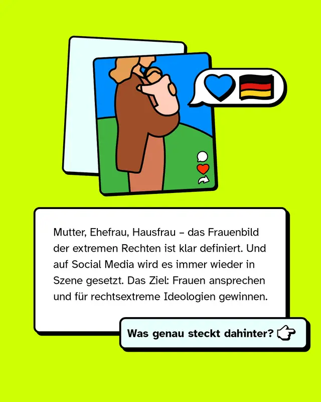 Illustration einer Mutter mit Kind, daneben Symbole wie Herz und Deutschlandflagge. Mutter, Ehefrau, Hausfrau das Frauenbild der extremen Rechten ist klar definiert und wird auf Social Media immer wieder inszeniert. Ziel ist es, Frauen anzusprechen und f&uuml;r rechtsextreme Ideologien zu gewinnen. Was genau steckt dahinter.