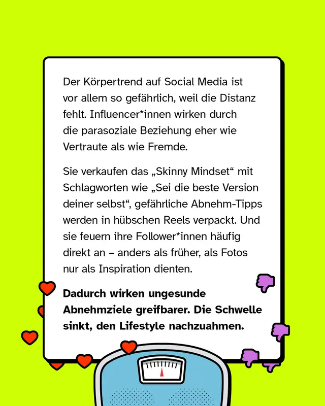 Der K&ouml;rpertrend auf Social Media ist vor allem so gef&auml;hrlich, weil die Distanz fehlt. Influencerinnen wirken durch die parasoziale Beziehung eher wie Vertraute als wie Fremde. Sie verkaufen das &bdquo;Skinny Mindset" mit Schlagworten wie &bdquo;Sei die beste Version deiner selbst", gef&auml;hrliche Abnehm-Tipps werden in h&uuml;bschen Reels verpackt. Und sie feuern ihre Followerinnen h&auml;ufig direkt an &ndash; anders als fr&uuml;her, als Fotos nur als Inspiration dienten. Dadurch wirken ungesunde Abnehmziele greifbarer. Die Schwelle sinkt, den Lifestyle nachzuahmen.