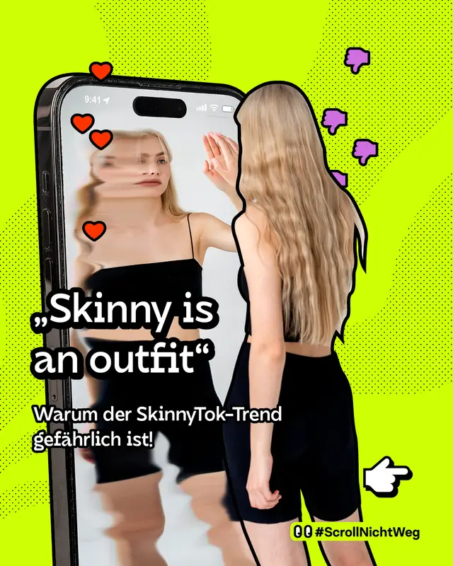 Junge, sehr schlanke Frau vor einem Spiegel, dargestellt auf einem Smartphone-Bildschirm. &bdquo;Skinny is an outfit" &ndash; Warum der SkinnyTok-Trend gef&auml;hrlich ist! #ScrollNichtWeg
