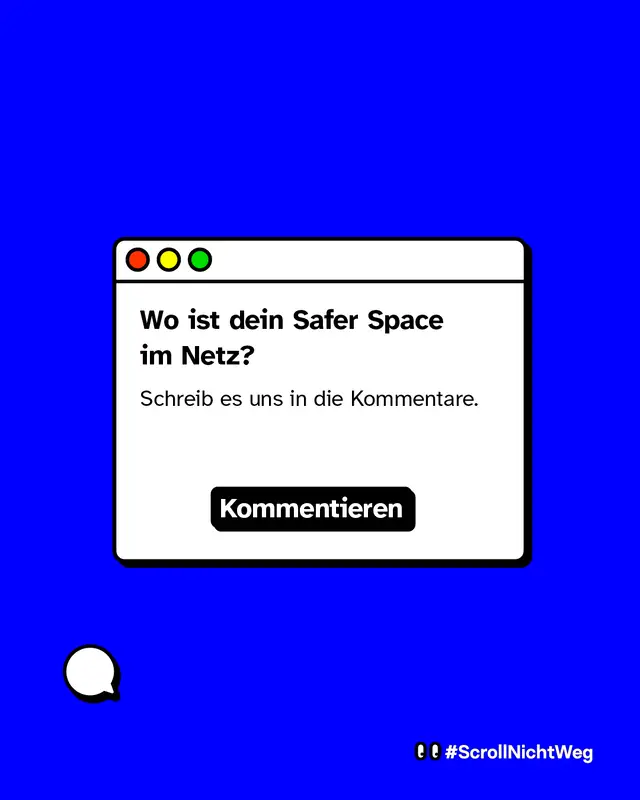 Infografik im Fenster-Look: Text: &bdquo;Wo ist dein Safer Space im Netz? Schreib es uns in die Kommentare.&ldquo; Button: &bdquo;Kommentieren&ldquo;