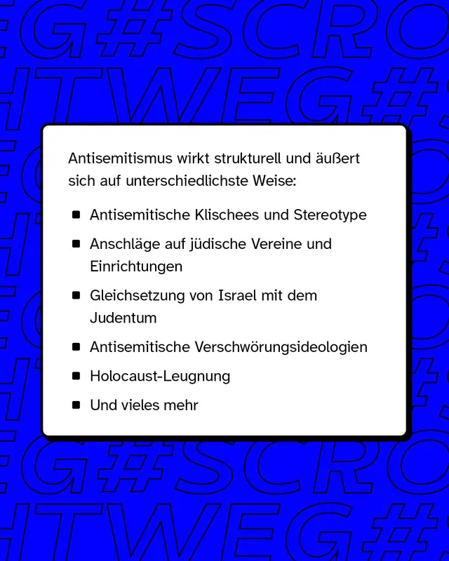 Er &auml;u&szlig;ert sich strukturell auf unterschiedlichste Weise wie zum Beispiel Anschl&auml;ge auf Vereine oder Antisemitische Klischees und Stereotype.
