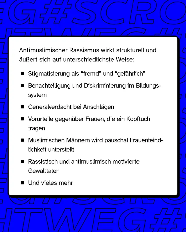 Antimuslimischer Rassimus wirkt strukturell und &auml;u&szlig;ert sich auf unterschiedliche Weise wie zum Beispiel Vorurteile gegen&uuml;ber Frauen, die ein Kopftuch tragen.