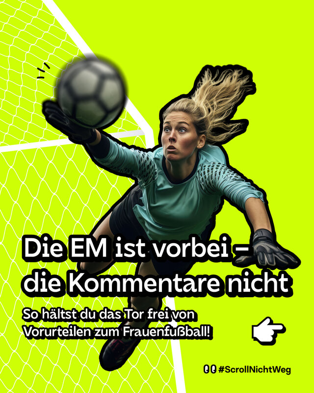 Grafik einer Frau, die als Torwärterin den Ball fängt. Der Post kündigt an, mit Vorurteilen gegenüber Frauen im Fußball aufzuräumen.