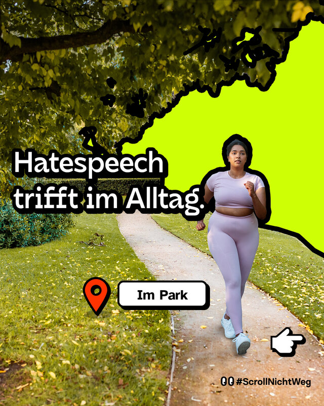 Hatespeech trifft im Alltag. Eine Frau in Sportklamotten joggt durch den Park.