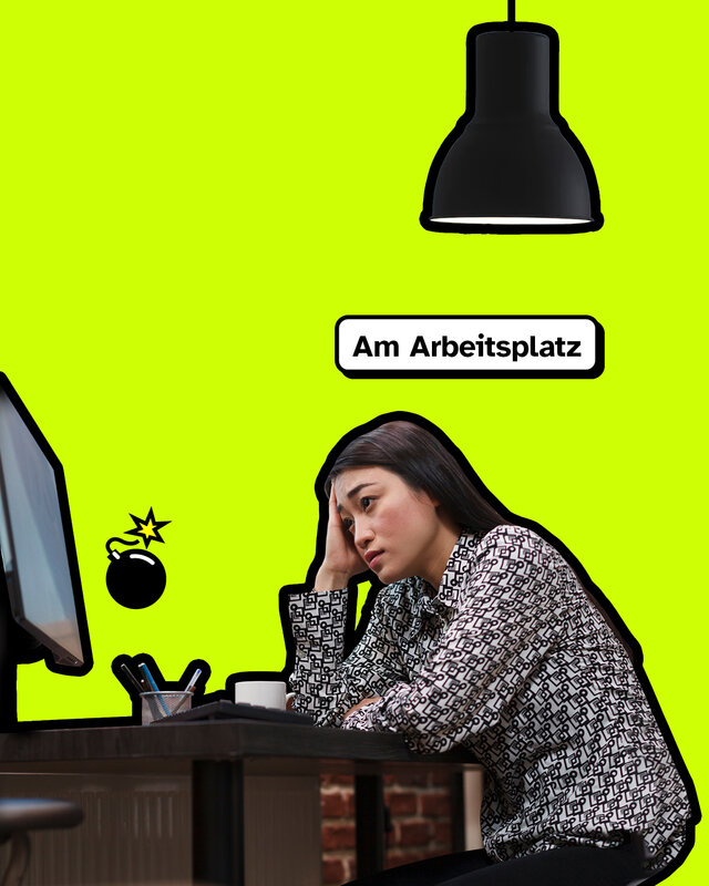 Am Arbeitsplatz: Eine Frau sitzt an einem Schreibtisch vor dem Computer.