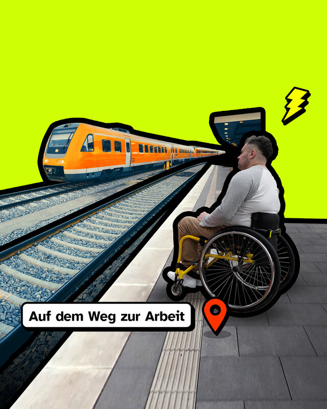 Auf dem Weg zur Arbeit: Ein Mann im Rollstuhl steht am Bahnsteig und wartet auf den Zug.