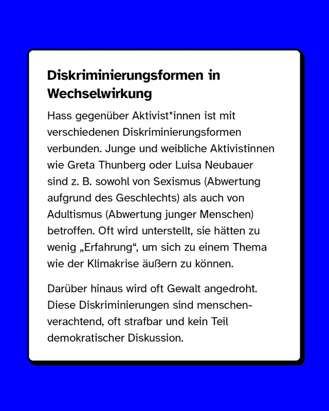 Diskriminierungsformen in Wechselwirkung: Hass gegenüber Aktivist*innen ist mit verschiedenen Diskriminierungsformen verbunden.