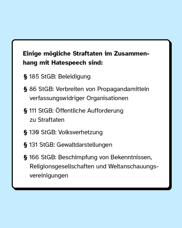 Einige mögliche Straftaten sind zum Beispiel Beleidigung oder Volksverhetzung.