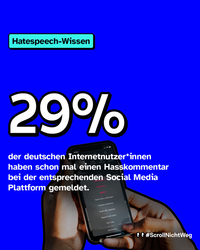 29% der deutschsprachigen Internetnutzer*innen in Deutschland haben schon mal einen Hasskommentar bzw. dessen Verfasser*in bei der entsprechenden Plattform gemeldet. Es ist wichtig Hasskommentare zu melden, denn nur so können sie von den Plattformen gelöscht werden. Durch das Netzwerkdurchsetzungsgesetz sind Plattformanbieter verpflichtet, strafbare Hassinhalte innerhalb einer festgelegten Zeit zu löschen.