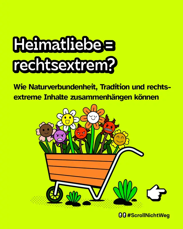 Heimatliebe gleich rechtsextrem. Wie Naturverbundenheit, Tradition und rechtsextreme Inhalte zusammenh&auml;ngen k&ouml;nnen. Illustration: Blumen mit unterschiedlichen Gesichtsausdr&uuml;cken in einer Schubkarre.