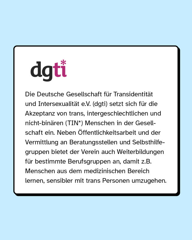 dgti: Die Deutsche Gesellschaft für Transidentität und Intersexualität setzt sich für Akzeptanz von trans Personen ein.