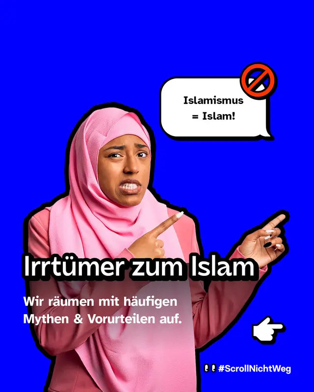 Grafik mit Sprechblase „Islamismus = Islam!“. Einführung ins Thema: Häufige Irrtümer und Vorurteile über den Islam werden aufgeklärt.