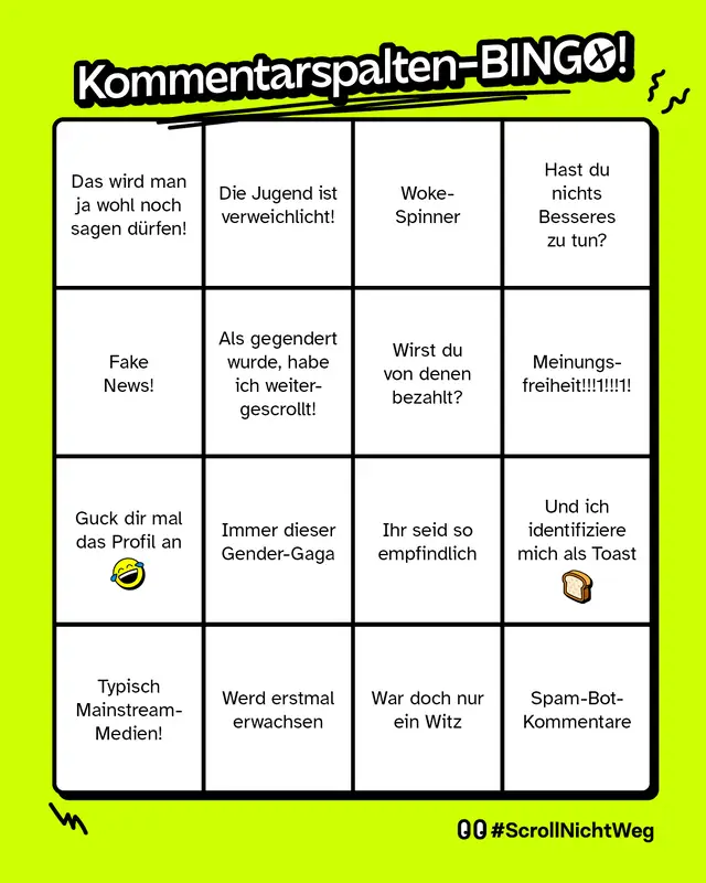 Zu sehen ist ein Spielfeld im 5x5-Raster. In jedem Feld steht ein typischer Internetkommentar – oft spöttisch, abwertend oder abwehrend gemeint. Folgende Felder gibt es:     „Das wird man ja wohl noch sagen dürfen!“     „Die Jugend ist verweichlicht!"     „Woke-Spinner“     „Hast du nichts Besseres zu tun?“     „Fake News!“     „Als gegendert wurde, habe ich weitergescrollt!“     „Wirst du von denen bezahlt?“     „Meinungsfreiheit!!!!!1!!!1!“     „Guck dir mal das Profil an“     „Immer dieser Gender-Gaga“     „Ihr seid so empfindlich“     „Und ich identifiziere mich als Toaster“     „Typisch Mainstream-Medien!“     „Werd erstmal erwachsen.“     „War doch nur ein Witz“     Spam-Bot-Kommentare