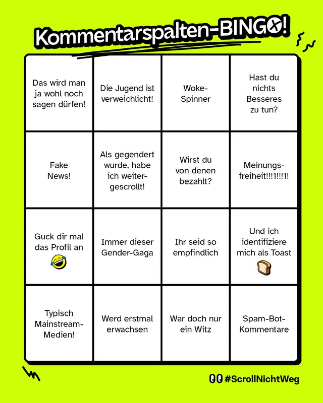 Zu sehen ist ein Spielfeld im 5x5-Raster. In jedem Feld steht ein typischer Internetkommentar &ndash; oft sp&ouml;ttisch, abwertend oder abwehrend gemeint. Folgende Felder gibt es:     &bdquo;Das wird man ja wohl noch sagen d&uuml;rfen!&ldquo;     &bdquo;Die Jugend ist verweichlicht!"     &bdquo;Woke-Spinner&ldquo;     &bdquo;Hast du nichts Besseres zu tun?&ldquo;     &bdquo;Fake News!&ldquo;     &bdquo;Als gegendert wurde, habe ich weitergescrollt!&ldquo;     &bdquo;Wirst du von denen bezahlt?&ldquo;     &bdquo;Meinungsfreiheit!!!!!1!!!1!&ldquo;     &bdquo;Guck dir mal das Profil an&ldquo;     &bdquo;Immer dieser Gender-Gaga&ldquo;     &bdquo;Ihr seid so empfindlich&ldquo;     &bdquo;Und ich identifiziere mich als Toaster&ldquo;     &bdquo;Typisch Mainstream-Medien!&ldquo;     &bdquo;Werd erstmal erwachsen.&ldquo;     &bdquo;War doch nur ein Witz&ldquo;     Spam-Bot-Kommentare