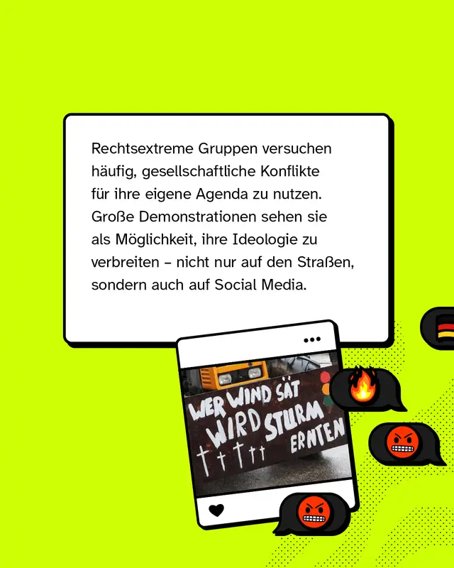 Rechtsextreme Gruppen versuchen haeufig gesellschaftliche Konflikte fuer ihre eigene Agenda zu nutzen. Grosse Demonstrationen sehen sie als Moeglichkeit ihre Ideologie zu verbreiten - nicht nur auf den Strassen, sondern auch auf Social Media.