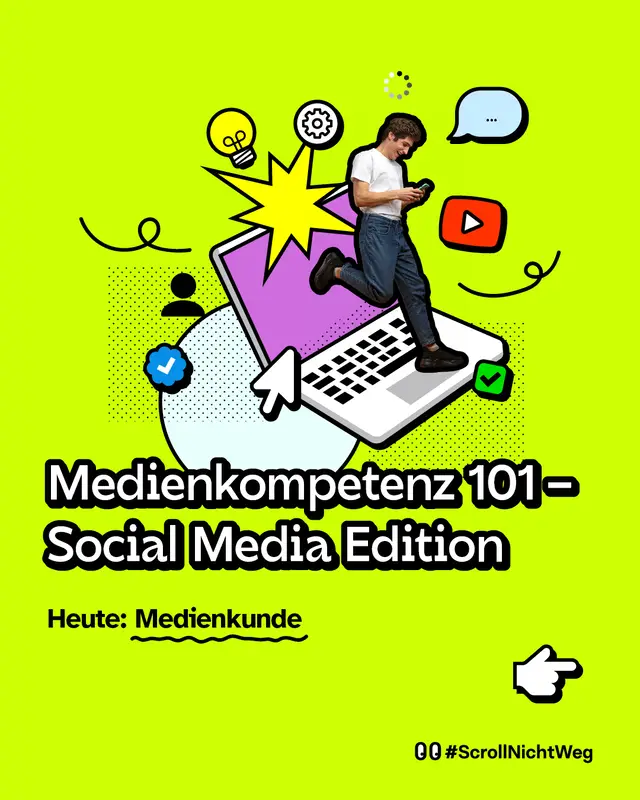 Junger Mann, der auf sein Handy schaut und &uuml;ber eine Laptop-Tastatur l&auml;uft. Medienkompetenz 101 &ndash; Social Media Edition. Heute: Medienkunde. #ScrollNichtWeg