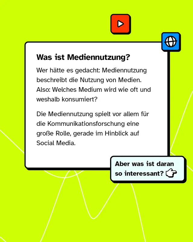 Textkasten mit Play- und Globus-Icon. Was ist Mediennutzung? Sie beschreibt welches Medium wie oft und weshalb konsumiert wird. Besonders fuer die Kommunikationsforschung ist das wichtig vor allem bei Social Media. Aber was ist daran so interessant?