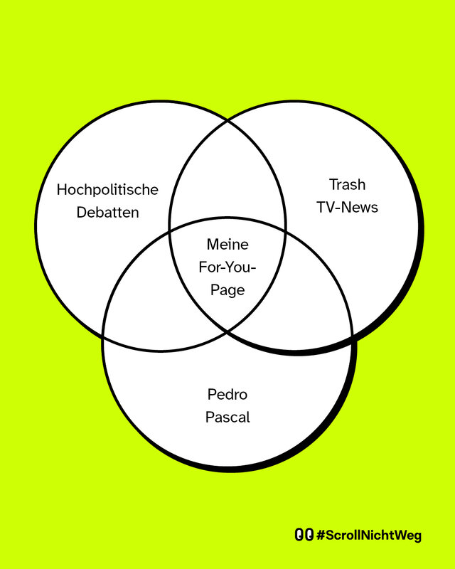 Zu sehen ist ein VENN-Diagramm mit 3 weißen Kreisen. Linker Kreis: „Hochpolitische Debatten“.  Rechter Kreis: „Trash TV-News“.  Unterer Kreis: „Pedro Pascal“. In der Schnittmenge steht: „Meine For-You-Page“.