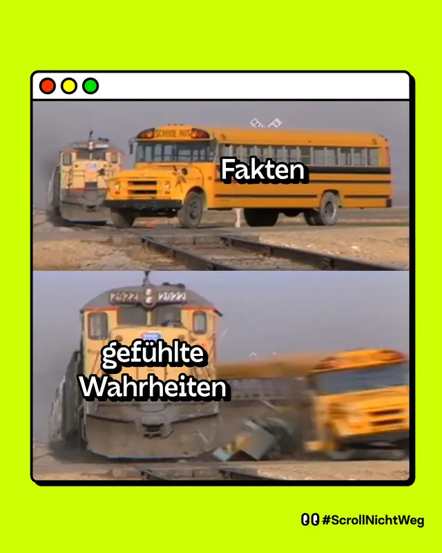 Ein Bus, der auf die Gleisen eines kommenden Zuges fährt. Der Bus steht für Fakten. Der Zug steht für gefühlte Wahrheiten. Der Zug fährt den Bus einfach um.