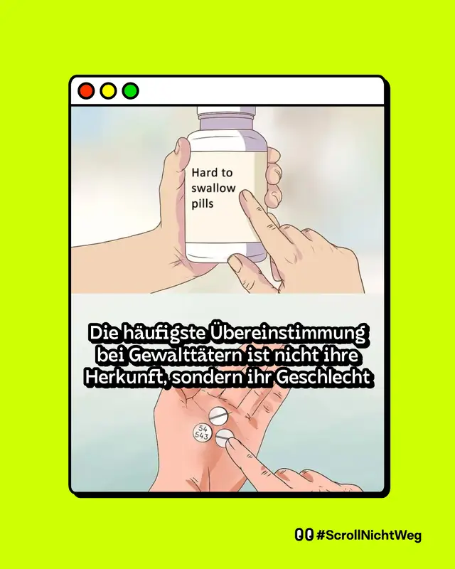 Illustration eines Memes im Stil &sbquo;Hard to swallow pills&lsquo;: Oben h&auml;lt eine Hand eine Pillendose mit der Aufschrift &sbquo;Hard to swallow pills&lsquo;. Unten werden zwei Tabletten gezeigt, dazu der Text auf Deutsch: "Die h&auml;ufigste &Uuml;bereinstimmung bei Gewaltt&auml;tern ist nicht ihre Herkunft, sondern ihr Geschlecht."