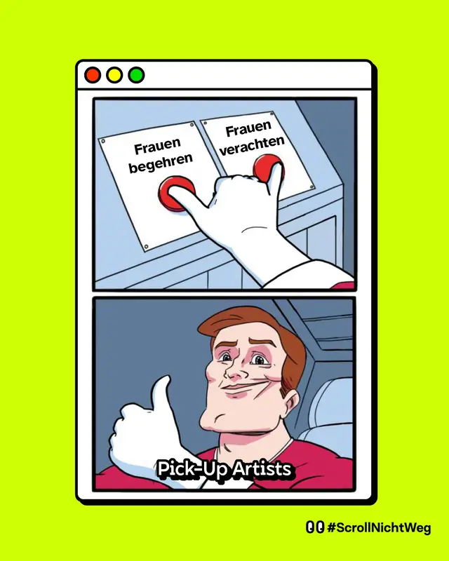 Bild mit zwei Buttons, die beide gleichzeitig gedr&uuml;ckt werden. Auf dem einen Button steht Frauen begehren und auf dem anderen Frauen verachten. Die Buttons werden von Pick-Up Artists gedr&uuml;ckt.