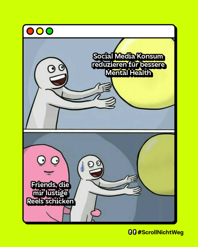 Meme in zwei Panels. Im oberen Panel rennt eine weiße, gezeichnete Figur mit ausgestreckten Armen auf einen gelben Ballon zu, beschriftet mit „Social Media Konsum reduzieren für bessere Mental Health“. Im unteren Panel hält eine große pinke Figur die weiße Figur am Bauch fest, sodass sie den Ballon nicht erreicht. Die pinke Figur ist beschriftet mit „Friends, die mir lustige Reels schicken“. Hintergrund hellblau, Rahmen wie ein Computerfenster, außen leuchtend gelb-grün. Unten rechts steht „#ScrollNichtWeg“.