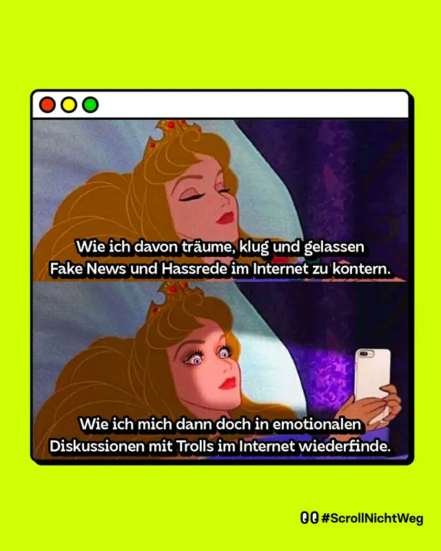 Eine Frau mit langen, blonden Haaren liegt im Bett. Auf dem oberen Bild liegt sieht entspannt und hat die Augen geschlossen. Bildunterschrift: Wie ich davon träume, klug und gelassen auf Fake News und Hassrede im Internet zu kontern.   Auf dem unteren Bild hat sie die Augen weit aufgerissen und starrt auf ihren Smartphone Bildschirm. Bildunterschrift: Wie ich mich dann wirklich in emotionalen Diskussionen mit Trolls im Internet wiederfinde.