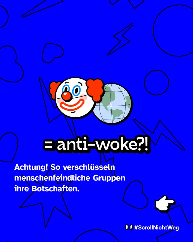 Grafik mit der &Uuml;berschrift &bdquo;Achtung! So verschl&uuml;sseln menschenfeindliche Gruppen ihre Botschaften&ldquo;. Darunter verschiedene Abschnitte mit Text und Emojis, die erkl&auml;ren, wie harmlose Emojis in extremistischen Kontexten umgedeutet werden.