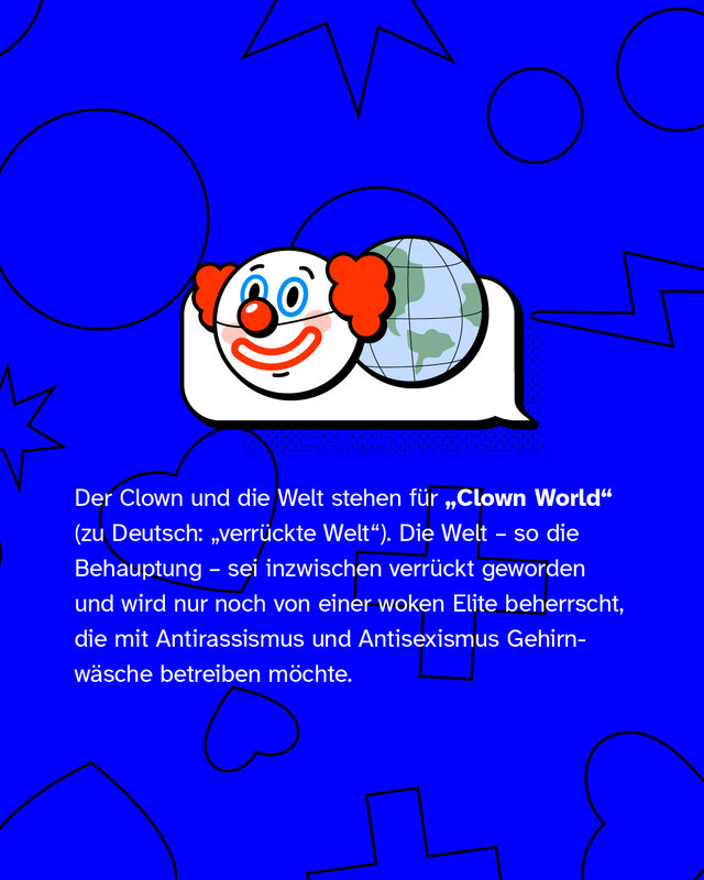 Darstellung eines Clown-Emojis und eines Weltkugel-Emojis mit Text: „Clown und Welt stehen für ‚Clown World‘ – eine angeblich ‚verrückte Welt‘, die laut dieser Ideologie von einer woken Elite beherrscht werde.“