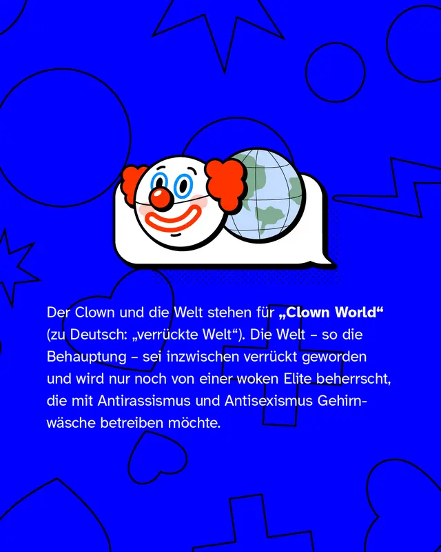 Darstellung eines Clown-Emojis und eines Weltkugel-Emojis mit Text: &bdquo;Clown und Welt stehen f&uuml;r &sbquo;Clown World&lsquo; &ndash; eine angeblich &sbquo;verr&uuml;ckte Welt&lsquo;, die laut dieser Ideologie von einer woken Elite beherrscht werde.&ldquo;